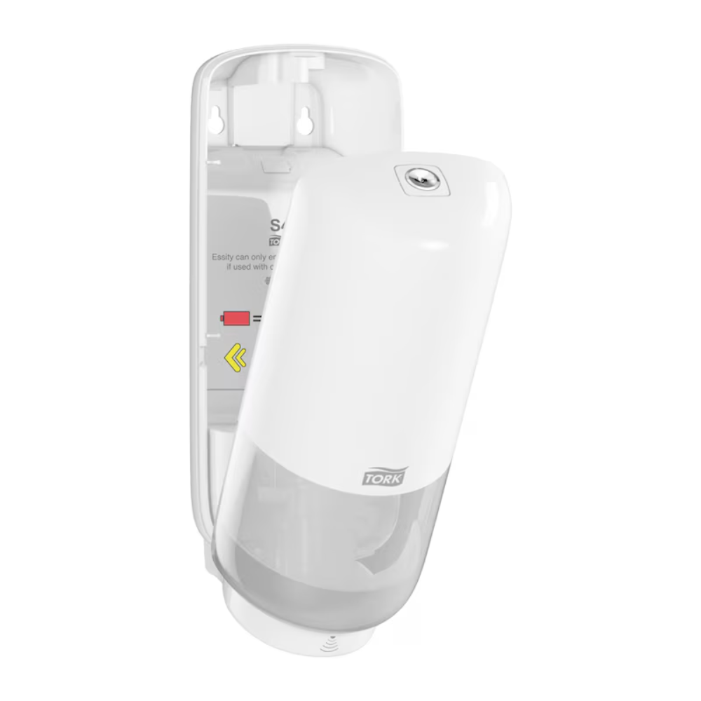 Nástěnný dávkovač péče o pleť Tork 561600 s Intuition senzorem Elevation S4 od TORK - Essity Professional Hygiene Germany GmbH má otevřený čelní kryt v bílé barvě. Průhledná spodní část umožňuje pohled na nádobu na mýdlo, zatímco uvnitř jsou zobrazeny pokyny k instalaci a doplňování, stejně jako šipky, což zajišťuje snadnou údržbu bezdotykové funkce dávkovače.