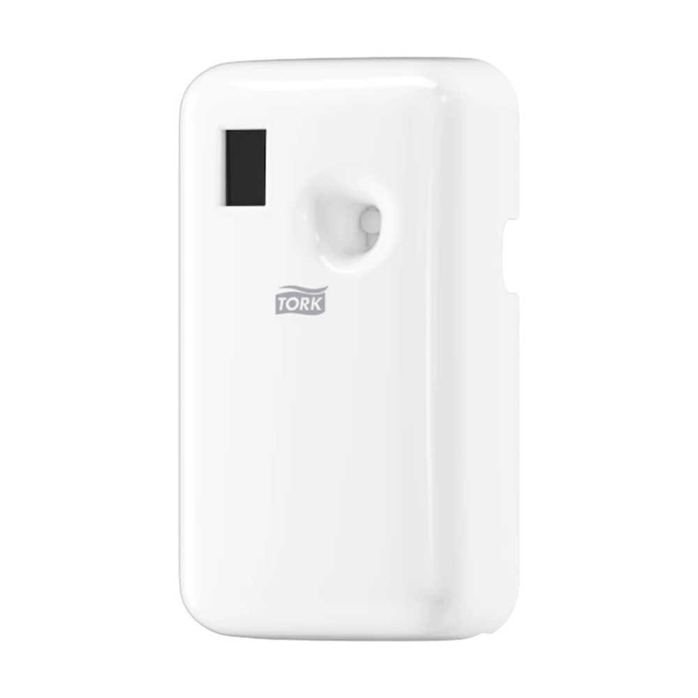 Dávkovač osvěžovače vzduchu Tork 562000 pro spreje A1 od TORK – Essity Professional Hygiene Germany GmbH je bílý dávkovač se štíhlým obdélníkovým designem a černou oblastí displeje. Disponuje aerosolovým systémem s malým kulatým otvorem pro uvolňování vůně, doplněným elektronickým řízením pro optimální výkon.