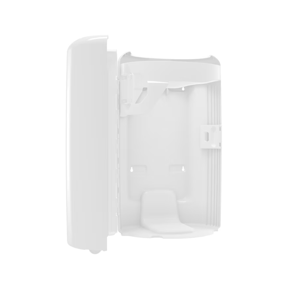 Odpadkový koš Tork 563000 Elevation od Essity Professional Hygiene Germany GmbH je štíhlé, bílé plastové pouzdro pro montáž na zeď s výklopnými dveřmi. Jeho hladký, zaoblený tvar je všestranně použitelný a nabízí různé možnosti montáže pro umístění elektronických nebo komunikačních komponent v otevřeném a minimalistickém interiéru.