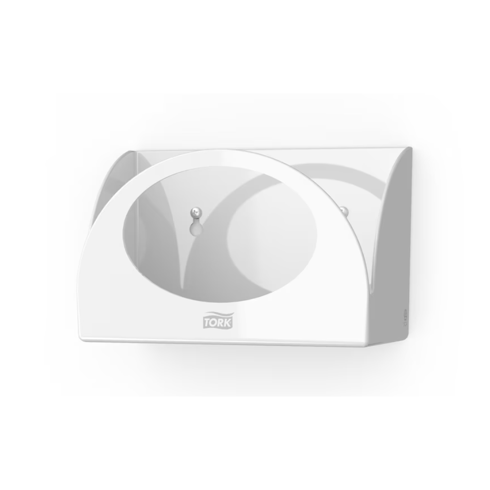 Der Tork 655100 Small Pack Papierspender Performance W8, hergestellt von TORK – Essity Professional Hygiene Germany GmbH, ist ein weißer, wandmontierter Tissue-Box-Halter, der eine platzsparende Wandanbringung ermöglicht. Er hat ein offenes Frontdesign mit zwei sichtbaren Schrauben im Inneren und ist mit „Tork“ gekennzeichnet, um hygienischer Schutz zu gewährleisten.