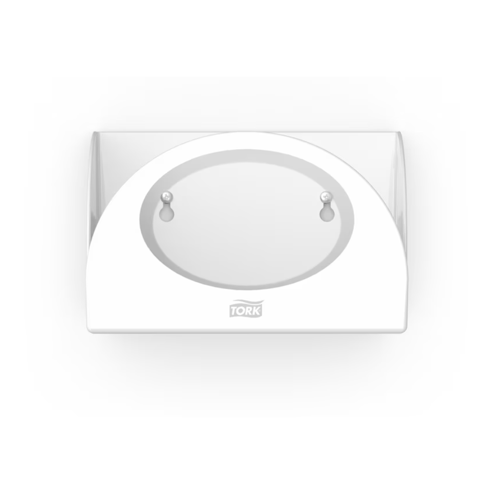 Der Tork 655100 Small Pack Papierspender Performance W8 von TORK – Essity Professional Hygiene Germany GmbH ist ein weißer, minimalistischer Papierhandtuchspender mit halbrunder Öffnung und zwei sichtbaren runden Verschlüssen, die hygienischen Schutz bieten. Sein schlankes Design ermöglicht eine platzsparende Wandmontage und macht ihn ideal für moderne Räume.