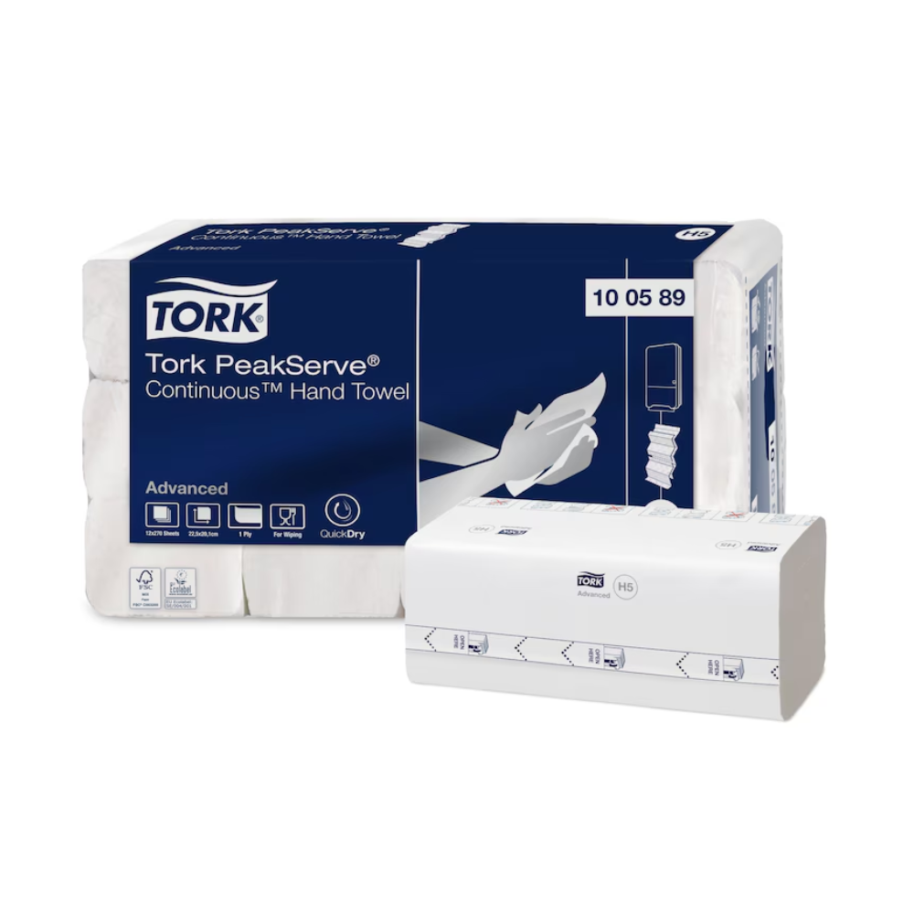 Na obalu Tork PeakServe® 100589 Endlos™ ručníky Advanced H5 1-vrstvé je zřetelně vidět název produktu a logo, doprovázené obrázkem jednotlivého vytahování ručníků. Okolní symboly zdůrazňují vlastnosti jako vysokou kapacitu a rychlé vytahování. Číslo obalu 100589 je jasně viditelné.