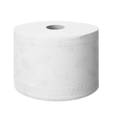 Role toaletního papíru Tork SmartOne® s jemným dekorativním vzorem listů je prezentována před jednoduchým pozadím. Tento produkt od TORK – Essity Professional Hygiene Germany GmbH nabízí hygienické jednotlivé podávání listů a zajišťuje, že každý list zůstane nedotčený a neporušený.