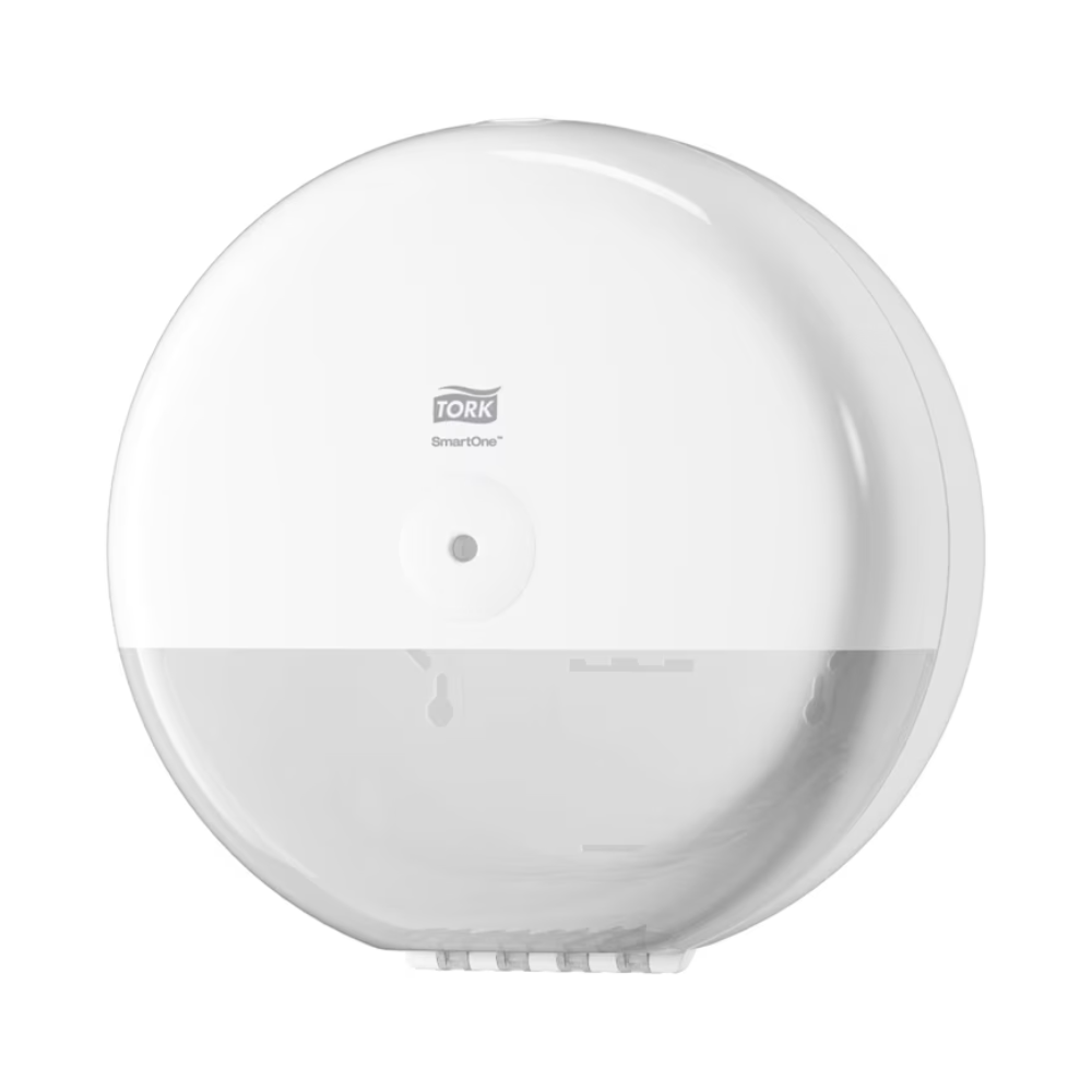Tork SmartOne® 680000 dávkovač na toaletní papír Elevation T8 od TORK – Essity Professional Hygiene Germany GmbH je stylový bílý dávkovač s elegantním, kulatým designem a průhlednou přední deskou, která prezentuje toaletní papír uvnitř. Má odběr jednotlivých listů přes malý otvor a je navržen pro pohodlnou montáž na stěnu.