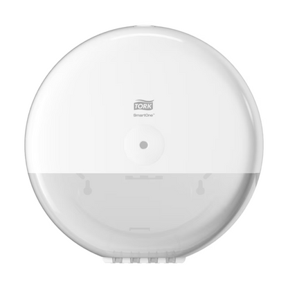 Tork SmartOne® 680000 dávkovač na toaletní papír Elevation T8 od Essity Professional Hygiene Germany GmbH má nástěnný bílý design s kulatým tvarem. Umožňuje efektivní odběr jednotlivých listů a zvýrazňuje logo Tork na přední straně a centrální otvor pro výdej toaletního papíru.
