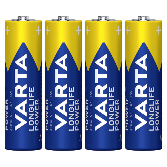 Čtyři baterie Varta AG Industrial Pro Mignon AA seřazené svisle, s modrými a žlutými štítky.