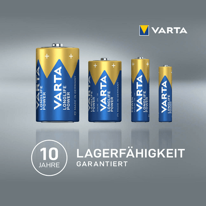 Čtyři baterie Varta Longlife Power Micro AAA 4903 LR03, seřazené od největší po nejmenší, s nápisem „10 let skladovatelnosti zaručeno“.