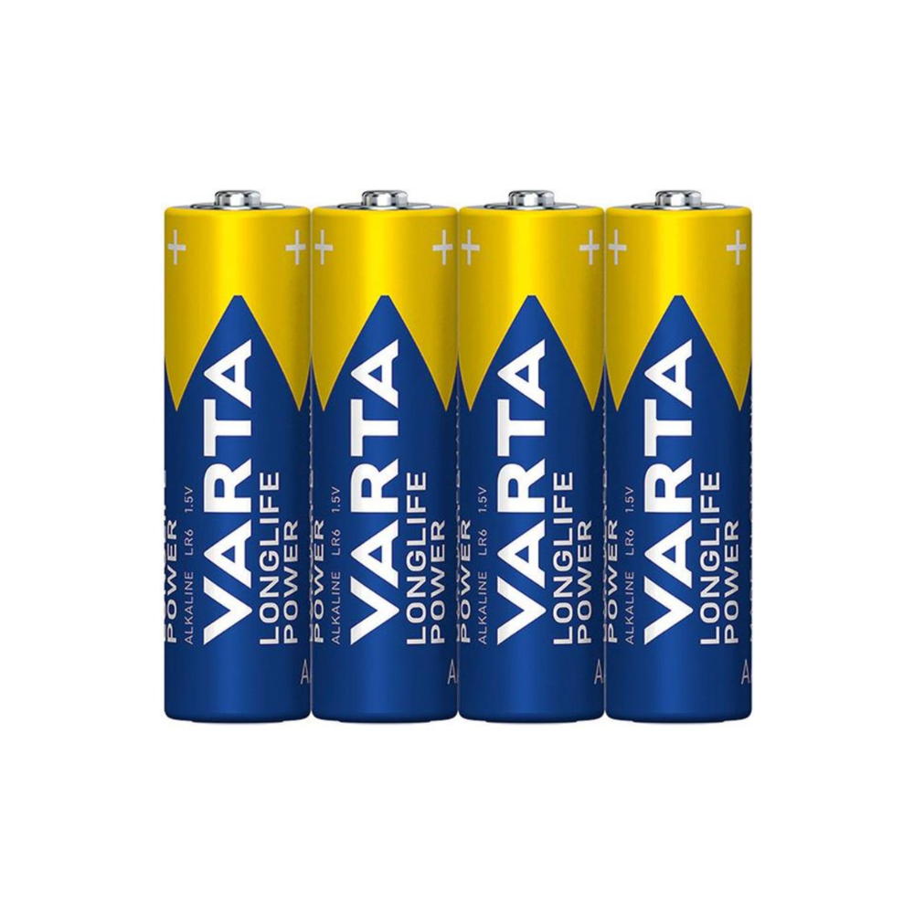Vier Varta Longlife Power 4906 AA Batterien (LR6, 4 Stück in Folie) stehen aufrecht nebeneinander. Die blauen und gelben Labels der Marke Varta AG zeigen ihre Eignung für Geräte mit hohem Energiebedarf.