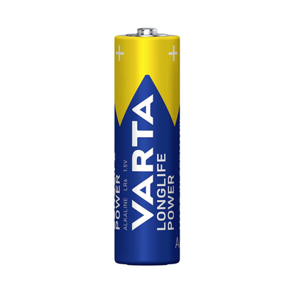 Eine Packung mit 4 Varta Longlife Power 4906 AA Batterien von Varta AG, im blauen und gelben Design, steht auf weißem Hintergrund. Perfekt für Geräte mit hohem Energiebedarf, zeigt die Verpackung Marke und Produktdetails.