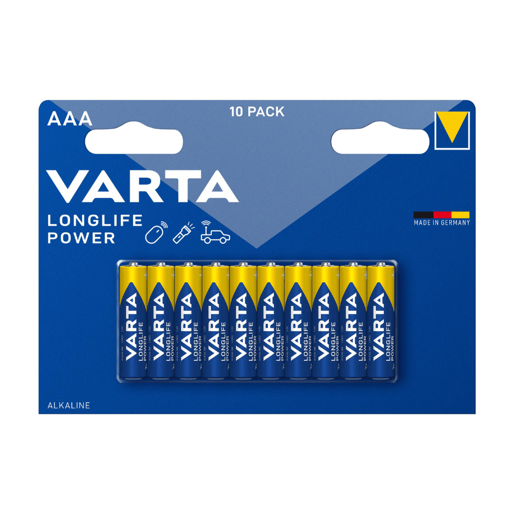 Desetikusové balení Varta AG Longlife Power Micro AAA baterií, prezentované v modro-žluté kartonové krabici, označené značkou a velikostí baterie, navrženo pro vysokou energetickou potřebu.