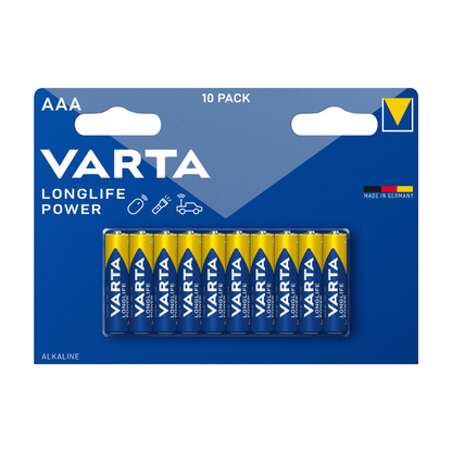 Desetikusové balení Varta AG Longlife Power Micro AAA baterií, prezentované v modro-žluté kartonové krabici, označené značkou a velikostí baterie, navrženo pro vysokou energetickou potřebu.