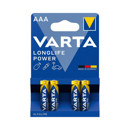 Obal baterií Varta Longlife Power Micro AAA 4903 LR03 alkalické baterie od Varta AG se čtyřmi horizontálně naskládanými bateriemi, označenými jako Made in Germany. Obal je modro-bílý s tučným nápisem.