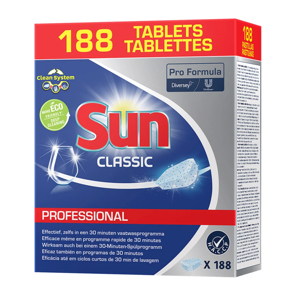Krabice SUN Professional Classic Tabs, čisticích tablet do myčky od Diversey Deutschland GmbH & Co. OHG, obsahuje 188 tablet. Obal zobrazuje loga Pro Formula a Diversey s vícejazyčným textem. Je navržen v modro-bílém barevném schématu a zdůrazňuje ekologickou značku a ochranu skla pro vaše nádobí.