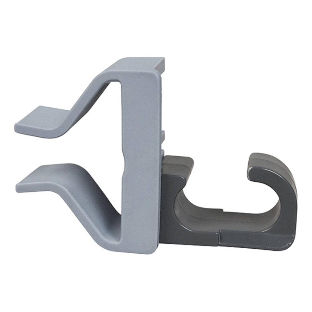 Sada držáků na tyče Vileda (balení 16 kusů, s 1 klipovým konektorem z šedého plastu na balení) od společnosti Vileda GmbH má protilehlé a zakřivené háčky pro upevnění čisticích nástrojů nebo příslušenství.