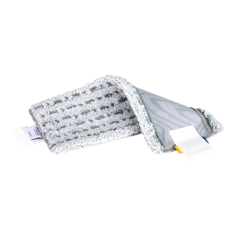 Šedá strukturovaná čisticí utěrka, Vileda Professional UltraSpeed MicroLite max - 40 cm od Vileda GmbH, je částečně složená, aby ukázala svou vnitřní vrstvu. Na jednom konci má štítky s pokyny pro péči a informace o produktu pro pohodlné použití a údržbu.