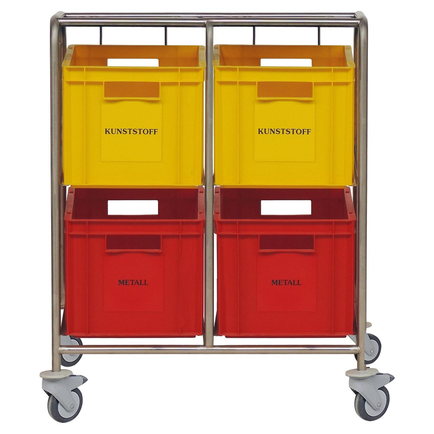 Novocal sběrač recyklovatelných materiálů s barevnými plastovými boxy má nerezový rám se čtyřmi plastovými nádobami - dvě žluté s nápisem "PLAST" a dvě červené s nápisem "KOV" -, které všechny stojí na kolečkách pro pohodlné recyklování.