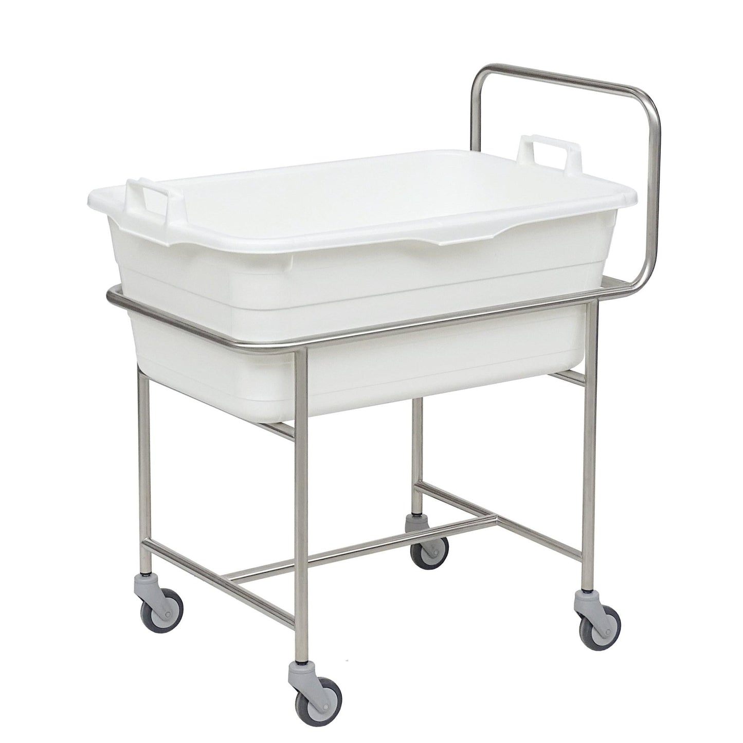 Podvozek z nerezové oceli Novocal s tlačnou rukojetí je vybaven čtyřmi lehce otočnými kolečky Ø 75 mm a drží bílou plastovou vanu s úchyty.