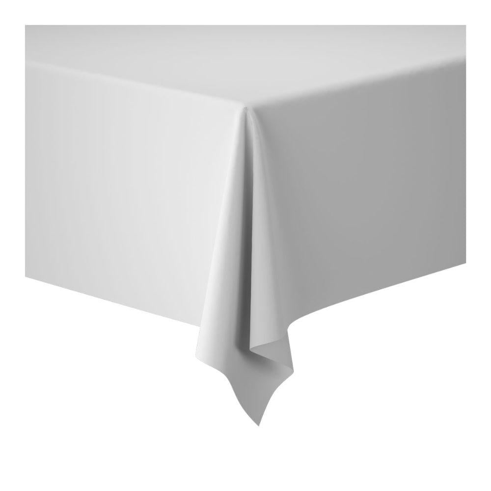 Ubrus Duni GmbH Dunicel ubrusových rolí o rozměrech 1,18 m x 25 m je rozprostřen přes rohový stůl a nabízí flexibilní dekoraci pro velké akce na jednoduchém bílém pozadí.