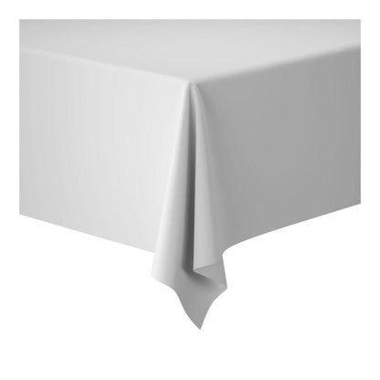 Ubrus Duni GmbH Dunicel ubrusových rolí o rozměrech 1,18 m x 25 m je rozprostřen přes rohový stůl a nabízí flexibilní dekoraci pro velké akce na jednoduchém bílém pozadí.