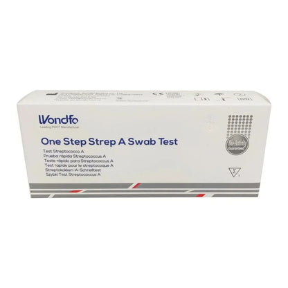 Abgebildet ist eine weiße Schachtel mit der Aufschrift „Wondfo Streptokokken A Schnelltest – Scharlach Selbsttest“ von Altruan, ideal für den Streptokokken-Nachweis zu Hause. Die Verpackung weist einen mehrsprachigen Text und ein Qualitätssiegel auf der rechten Seite auf, mit roten und grauen Streifen an der Unterseite.