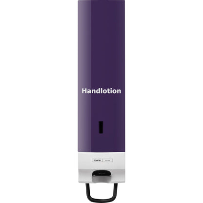 CWS čelní panel pro pěnový dávkovač mýdla Foam Slim má fialovou horní část s nápisem "Handlotion" a bílou spodní část s pákami, které vytvářejí elegantní vzhled pro každou místnost.