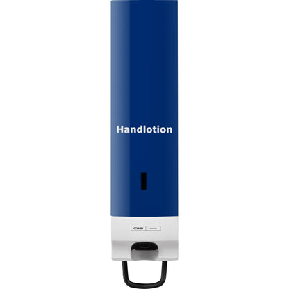 CWS čelní panel pro pěnový dávkovač mýdla Foam Slim je modro-bílý nástěnný dávkovač s elegantním designem, bílým nápisem "Handlotion" a pákou ve spodní části pro odběr.