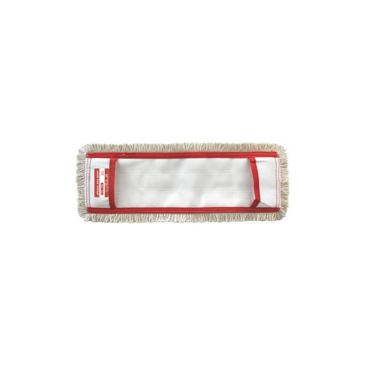 Der Arcora Flachpressmopp Spezial Box Mopp Fpm-Erh Mit Deckblatt von Arcora International GmbH ist ein rechteckiger Reinigungsmopp mit beigen Fransen, weißer Mitte, roter Umrandung und linksseitigem rotem Etikett, ideal für die effiziente Bodenreinigung auf einfarbig weißem Untergrund.