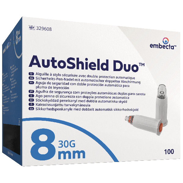 Embecta AutoShield Duo Safety Pen Needles, 100 kusů - 30G - 8mm
