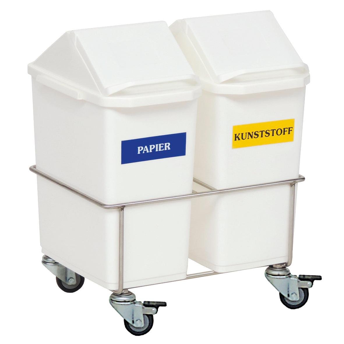 Novocal pokojový sběrač odpadu Dvojitý sběrač se skládá ze dvou bílých nádob s nápisem "PAPIER" a "KUNSTSTOFF" v nerezovém pojízdném stojanu, ideální pro třídění odpadu v nemocnicích a pečovatelských zařízeních.
