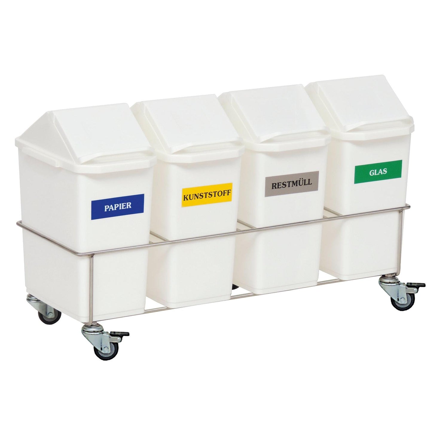 Novocal pokojový sběrač odpadu čtyřnásobný sběrač je vybaven čtyřmi nádobami s víky a barevnými štítky pro papír, plast, zbytkový odpad a sklo na rámu s kolečky z nerezové oceli - ideální pro efektivní třídění odpadu v každé místnosti.