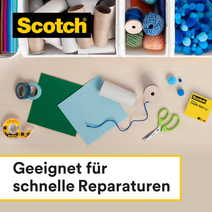 Bastelmaterialien wie Papier, Schere und Karton liegen bereit. Das Textfeld: "Geeignet für schnelle Reparaturen" hebt das Scotch® doppelseitige Klebeband, 12 mm x 22,8 m von 3M Deutschland GmbH hervor.
