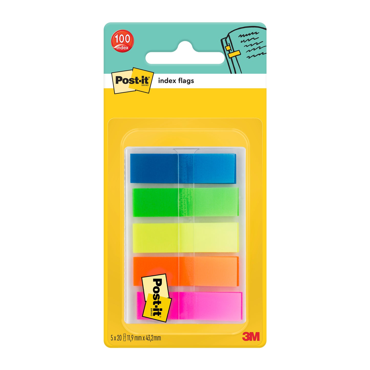 Uzavřený balíček Post-it® Index Lepicích proužků, Mini (11,9 mm x 43,2 mm) od 3M Deutschland GmbH obsahuje 100 barevných proužků v pěti hromádkách, v barvách modrá, zelená, žlutá, oranžová a růžová. Balení je žluté s údaji o produktu.