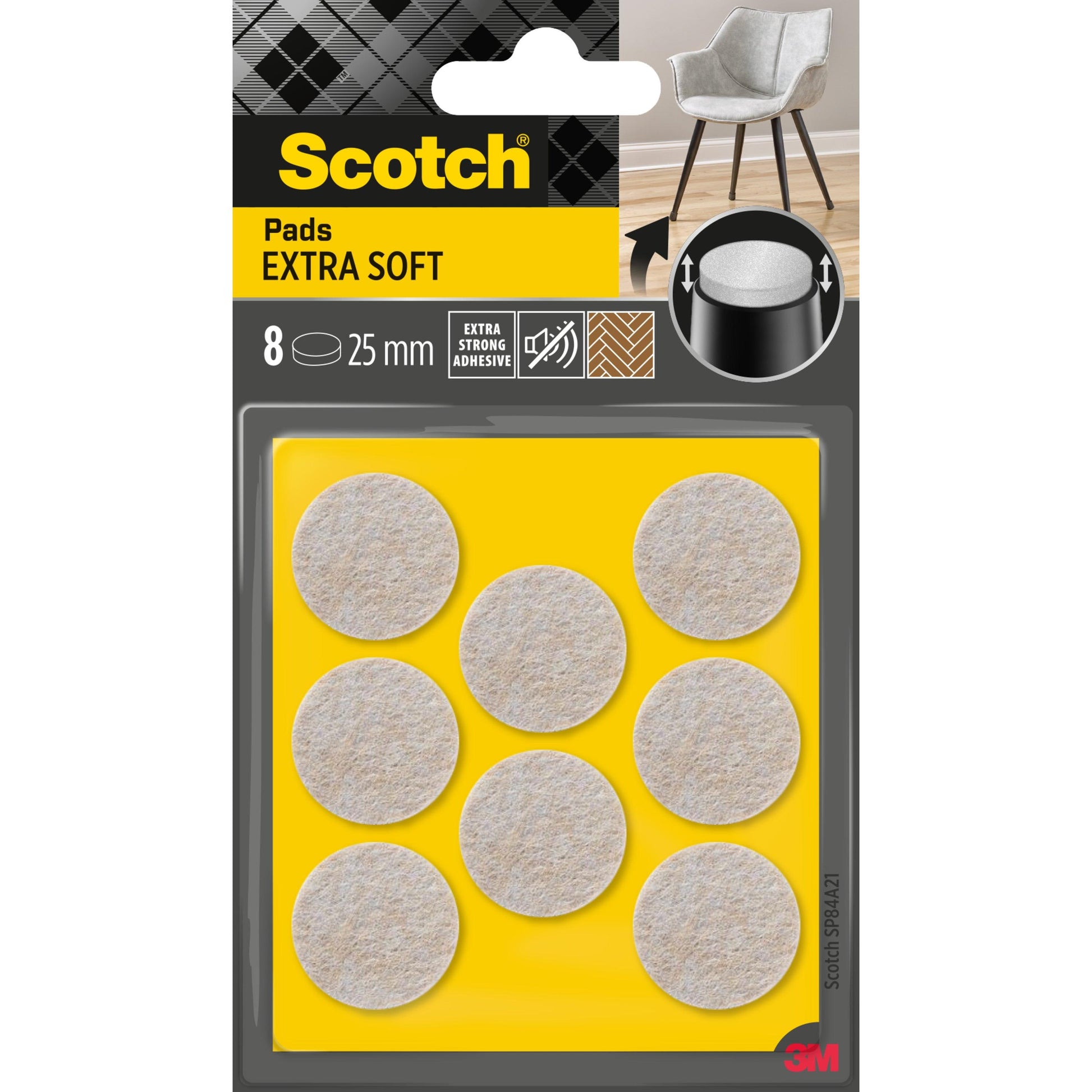Eine Packung 3M Scotch® Extra weiche Filzpads, selbsthaftend, beige, enthält 8 runde Pads (je 25 mm) auf gelber Verpackung. Die Packung verfügt über einen extra starken Klebstoff und ist für die Verwendung an Möbeln konzipiert.