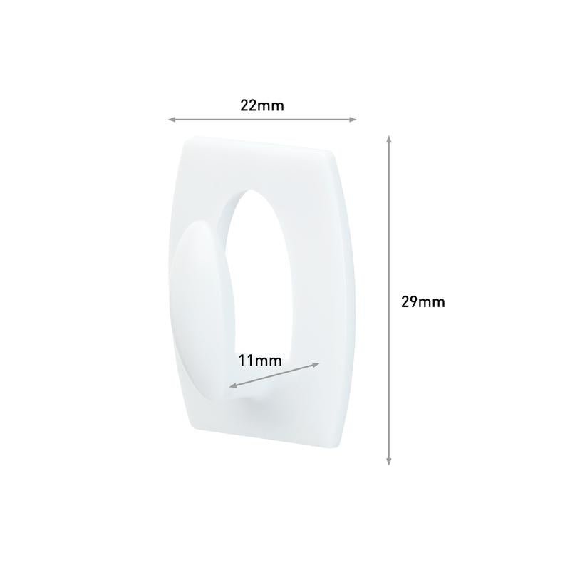 Command™ Mini-Háček, 17006 od 3M Deutschland GmbH, je bílý obdélníkový háček (22x29mm) se zaoblenými hranami a vnitřním oválem 11mm. Šipky ukazují rozměry. Ideální pro zavěšení bez vrtání a odstranitelný bez zbytků.