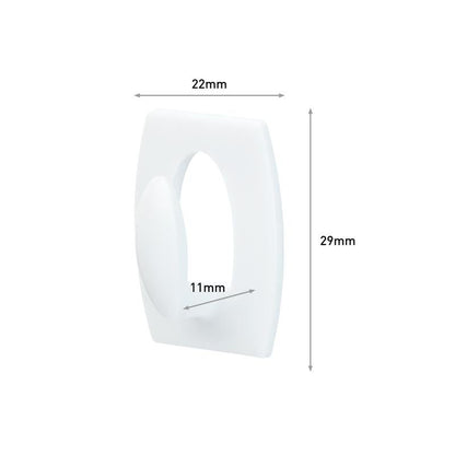 Command™ Mini-Háček, 17006 od 3M Deutschland GmbH, je bílý obdélníkový háček (22x29mm) se zaoblenými hranami a vnitřním oválem 11mm. Šipky ukazují rozměry. Ideální pro zavěšení bez vrtání a odstranitelný bez zbytků.