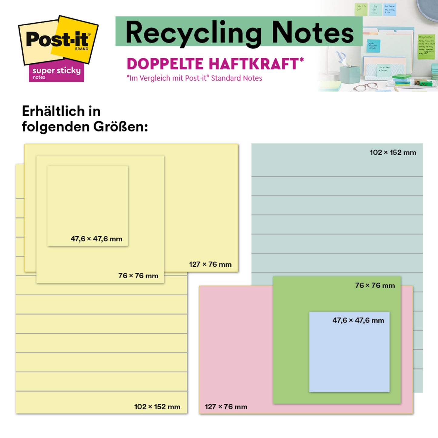 Tabulka ukazuje Post-it® Super Sticky 100% recyklované poznámky (47,6 x 47,6 mm, 70 listů/blok, PEFC) od 3M ve žluté, zelené, modré a růžové barvě s rozměry v německém jazyce a s produktovou fotografií na stole vpravo nahoře.