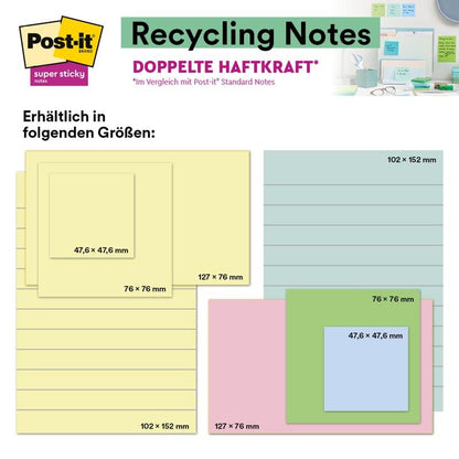 Grafika ukazuje Post-it® Super Sticky 100% recyklované poznámkové bloky (76x76mm, 70 listů, PEFC) v pastelových barvách a velikostech, s milimetrovými údaji. Produkt 3M Deutschland GmbH se objevuje v pracovním prostoru; text je v němčině a angličtině.