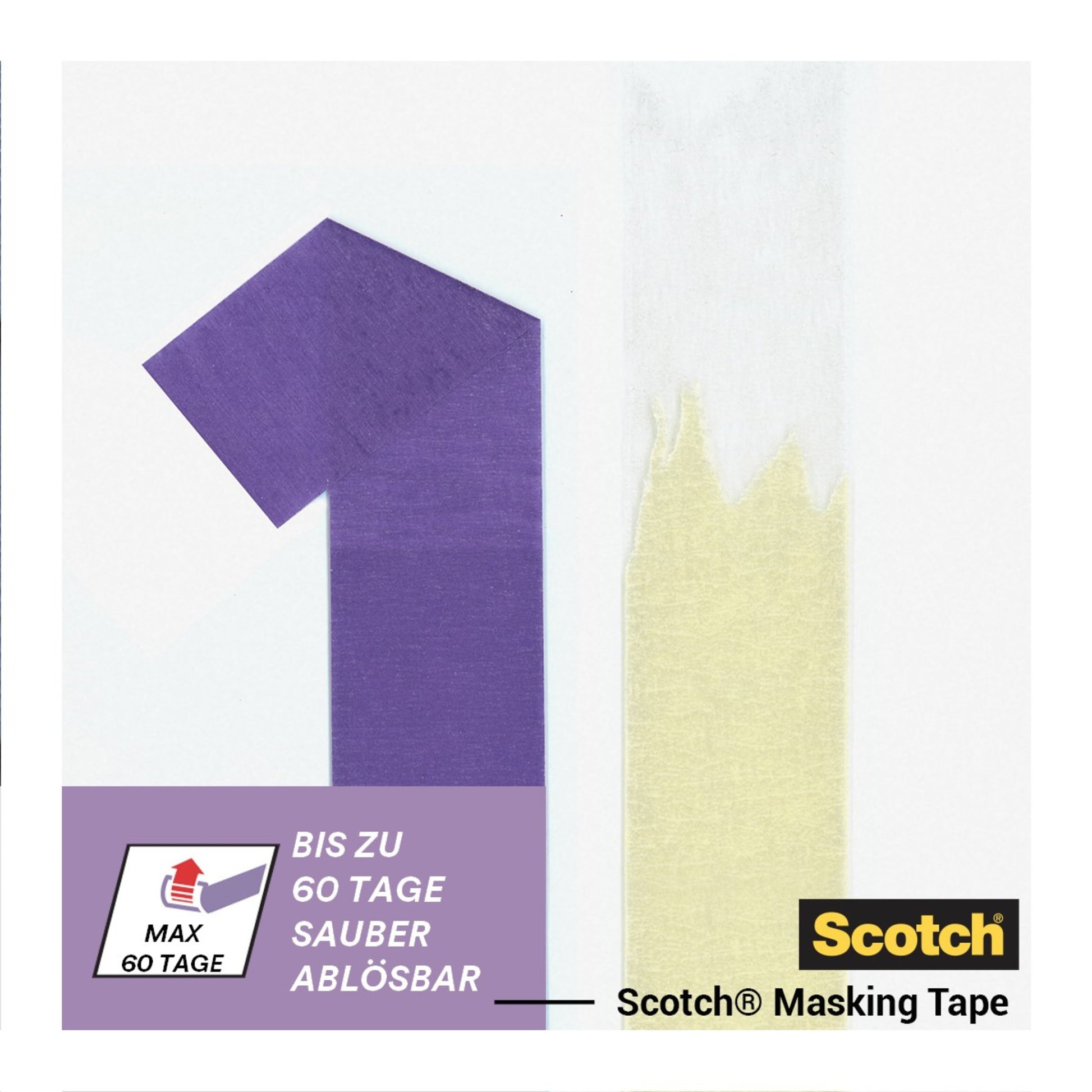Eine lilafarbene Zahlenform aus Klebeband steht neben einem teilweise abgezogenen Streifen Scotch® Malerabdeckband für empfindliche Oberflächen, 36 mm x 41 m (3M Deutschland GmbH), der eine saubere Oberfläche zeigt. Text: "BIS ZU 60 TAGE SAUBER ABLÖSBAR".