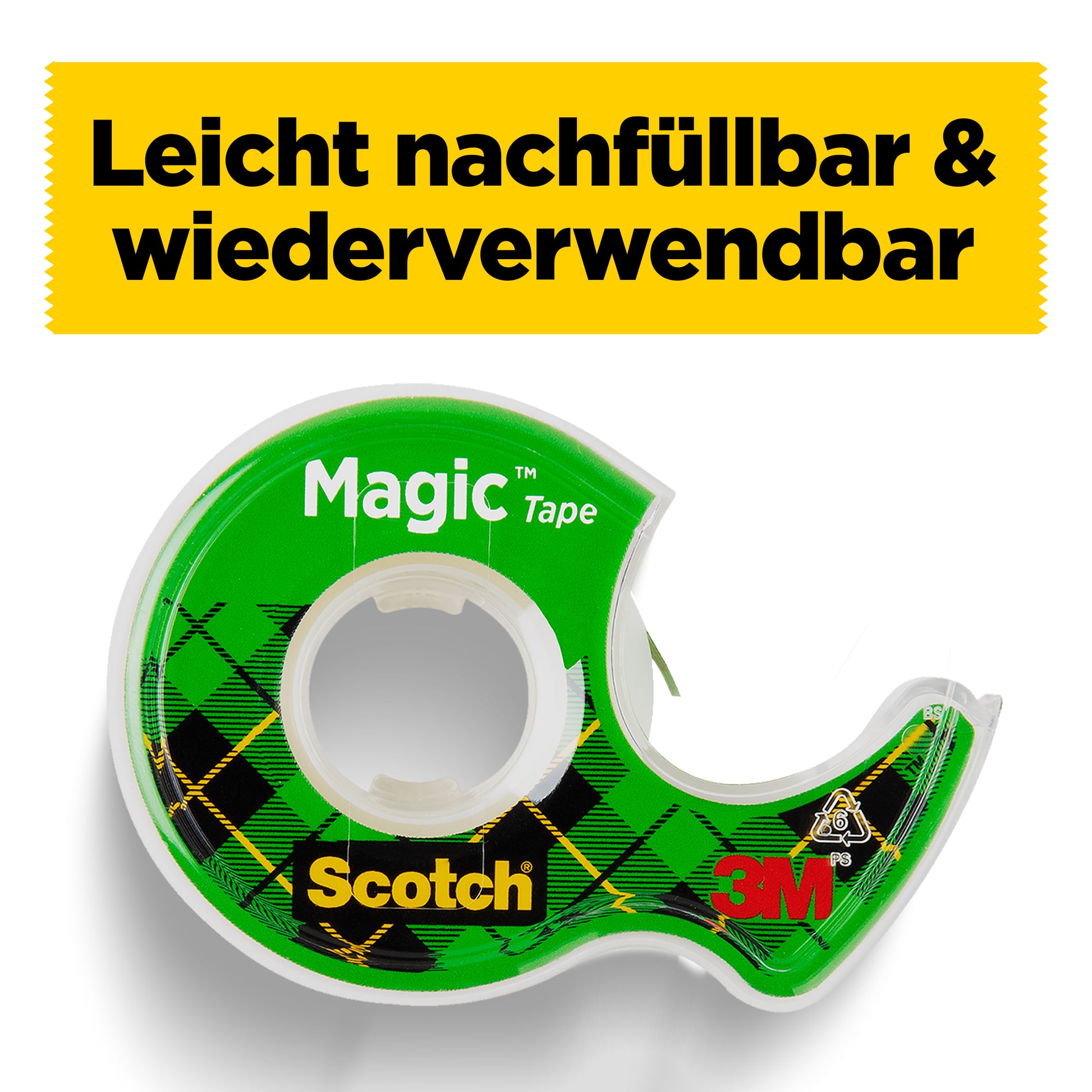 Ein durchsichtiger Kunststoffspender für Scotch® Magic™ Unsichtbares Klebeband 8-1925R3 (3 Rollen/Packung, 19 mm x 25 m) von 3M Deutschland GmbH, mit grün kariertem Design und "Leicht nachfüllbar & wiederverwendbar" in Deutsch auf Gelb.