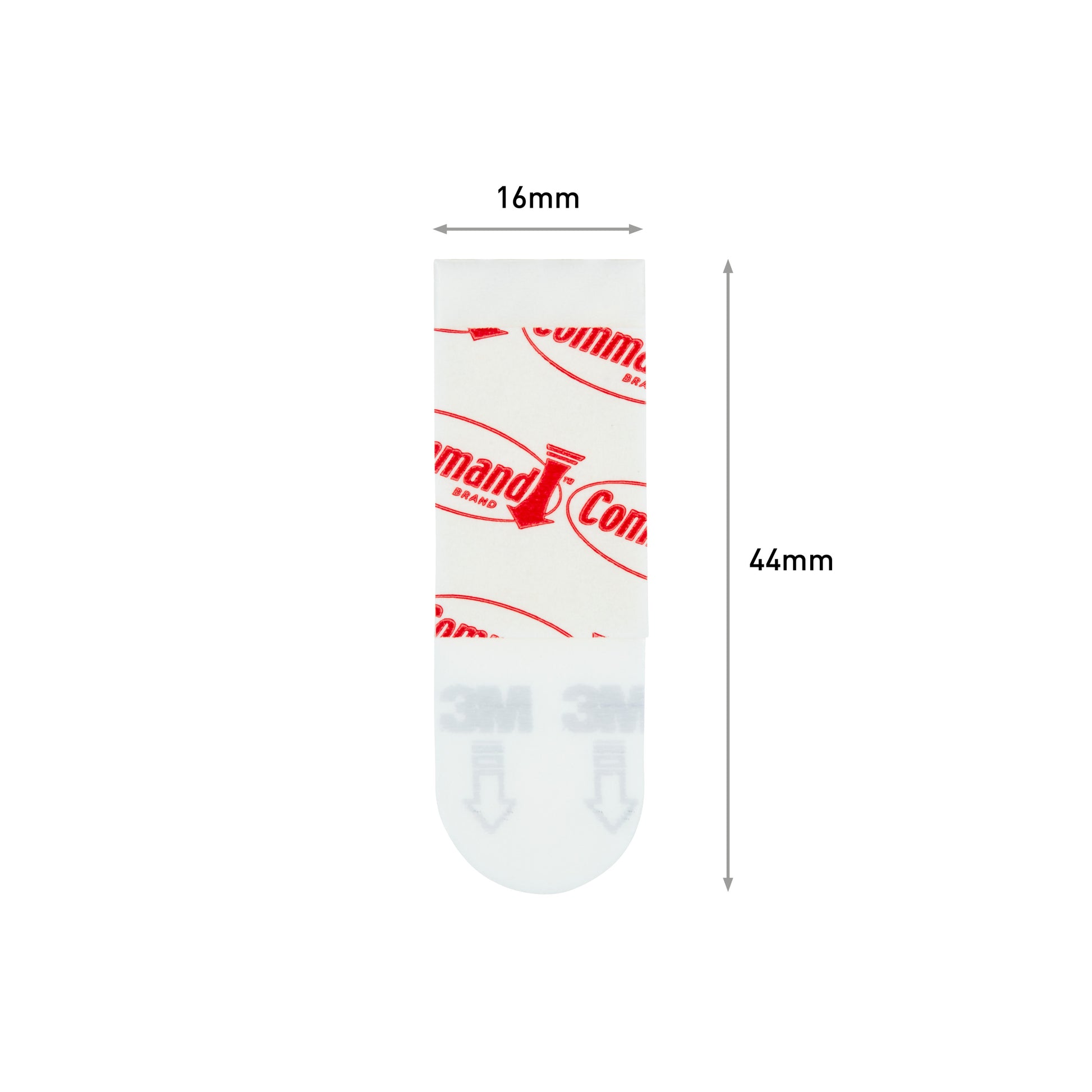Ein Command™ Poster-Strip 17024 von 3M Deutschland GmbH mit den Maßen 16mm x 44mm, mit rotem Aufdruck auf der Oberseite und einem durchsichtigen Unterteil mit dem 3M Logo und Pfeilen nach unten. Die Packung enthält 1 Stück.