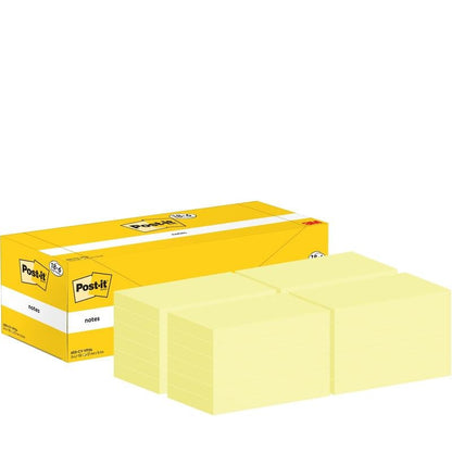 Žlutá krabička s Post-it® poznámkovými lístky (76 mm x 127 mm, 100 listů/blok, 18 bloků + 6 zdarma) od 3M Deutschland GmbH je zobrazena s úhledně naskládanými žlutými poznámkovými bloky; na obalu je vidět logo Post-it a produktové informace.