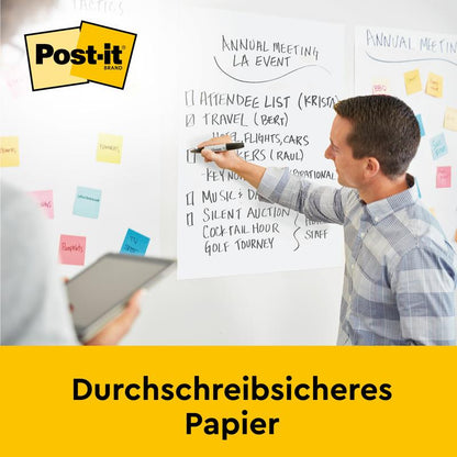 Během schůzky píše osoba na tabuli, zatímco jiná používá tablet. Na stěně visí Post-it® Super Sticky samolepicí schéma/flipchart od 3M Deutschland GmbH s barevnými poznámkami a papírem odolným proti propisování.