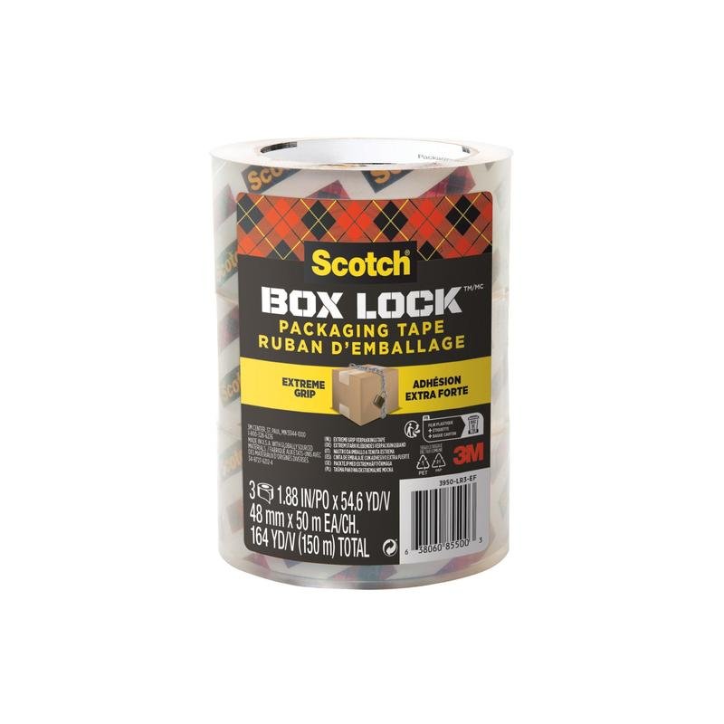 Balení tří rolí 3M Scotch® Box Lock™ balicí pásky 3950-LR3-DC (48 mm x 50 m), zabalené v průhledném plastu. Etiketa zdůrazňuje značku Scotch a vlastnost "Extreme Grip", ideální pro uzavírání kartonových obalů.