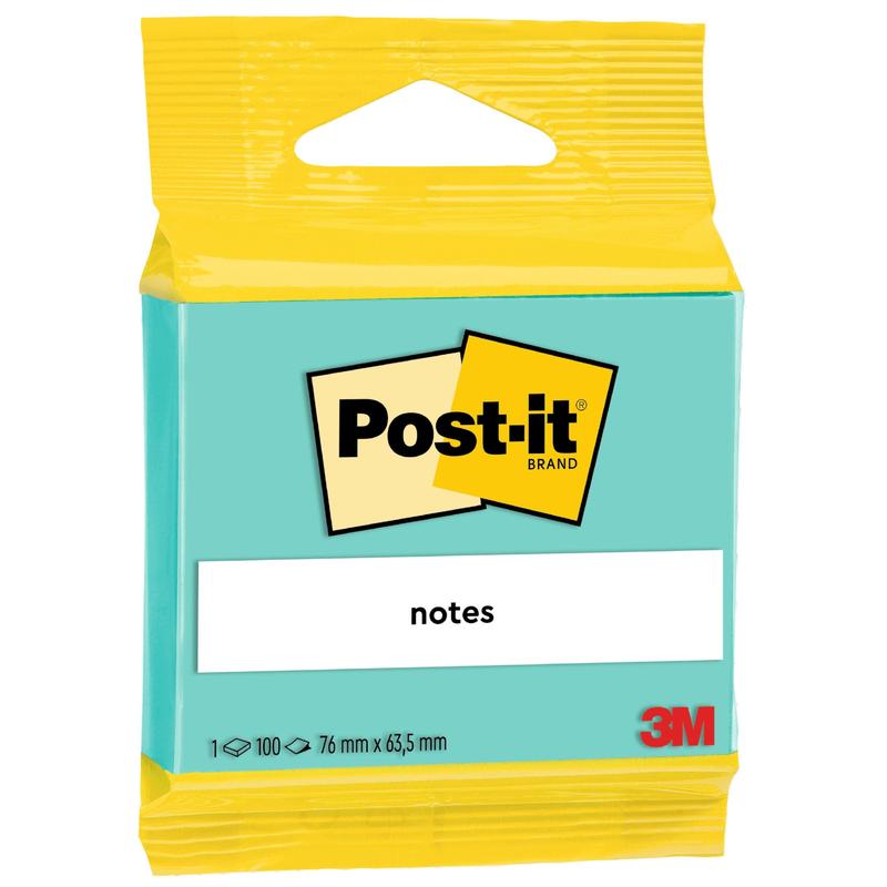 Balení 3M Post-it® Notes (63,5 mm x 76 mm, 100 listů/blok, 100% PEFC) od 3M Deutschland GmbH ukazuje žlutý povrch, tyrkysové tělo, logo Post-it, "Notes" a informace o produktu jako velikost a množství.
