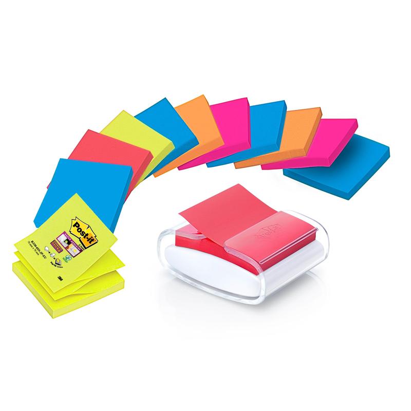 Zobrazen je zakřivený řádek barevných poznámkových bloků a černý dávkovač Post-it® Z-Notes se žlutými Super Sticky Z-Notes (76x76 mm, 90 listů) od 3M Deutschland GmbH.