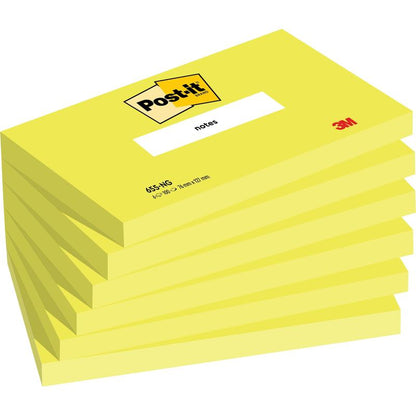 Zobrazen je stoh šesti žlutých Post-it® poznámkových lístků (76 mm x 127 mm, 100 listů/blok, 100% PEFC) od 3M Deutschland GmbH, každý s logem Post-it na horní straně a nápisem "Notizen" na bloku.