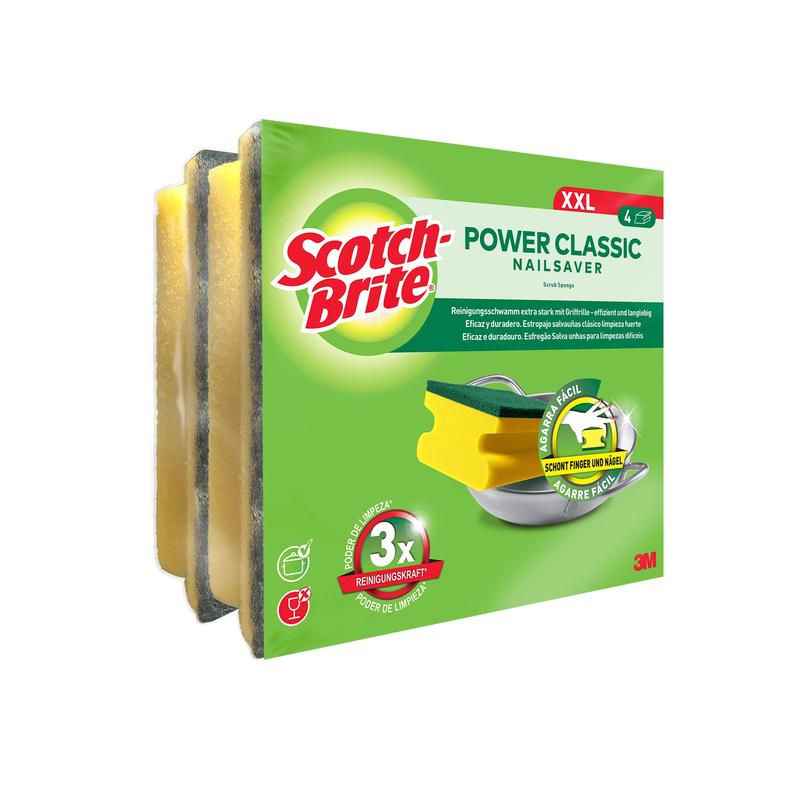 Balení 3M Deutschland GmbH Scotch-Brite® Classic držák houbičky XL, 4 kusy v balení, přichází v zeleném obalu a zdůrazňuje silný čisticí výkon a ochranu nehtů.