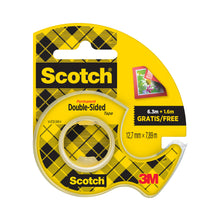 Eine Packung Scotch® doppelseitiges Klebeband von 3M Deutschland GmbH (12,7 mm x 7,89 m) mit 25% extra frei und gelbem Handabroller, geeignet zur Verwendung auf Papier. Enthält 1 Rolle.