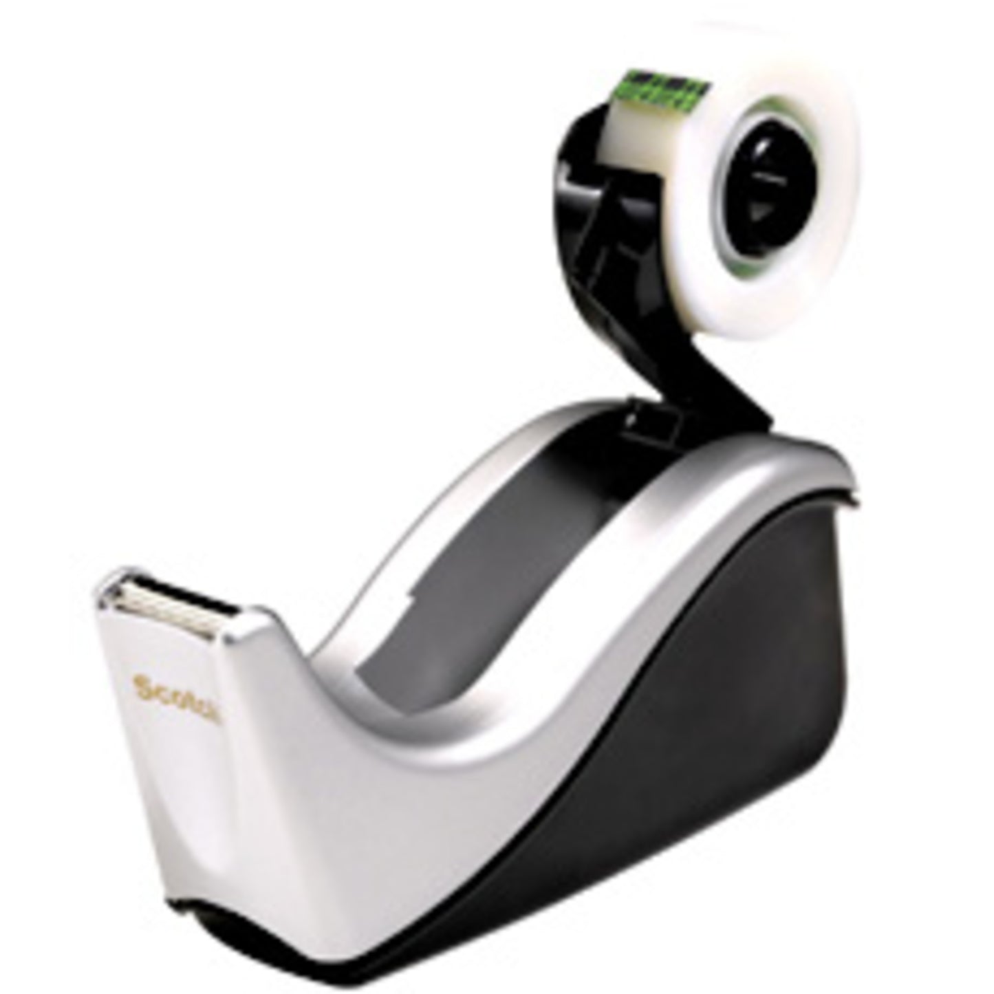 Der 3M Deutschland GmbH Scotch™ Klebeband-Abroller C60 wird mit einem teilweise gebrauchten Scotch® Magic™ Unsichtbares Klebeband (19 mm x 33 mm) bestückt; der schwarz-silberne Spender trägt auf der Vorderseite den Markennamen.