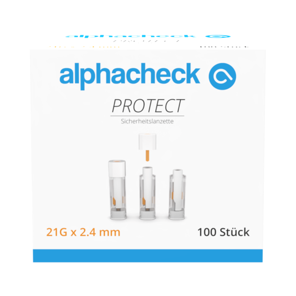 Schachtel mit 100 Alphacheck PROTECT Sicherheitslanzetten, 21G x 2,4 mm, von Berger Med GmbH. Die Vorderseite zeigt Produktnamen, Logo und Abbildungen der Lanzette in drei Stufen und betont so die schmerzarme Blutentnahme.